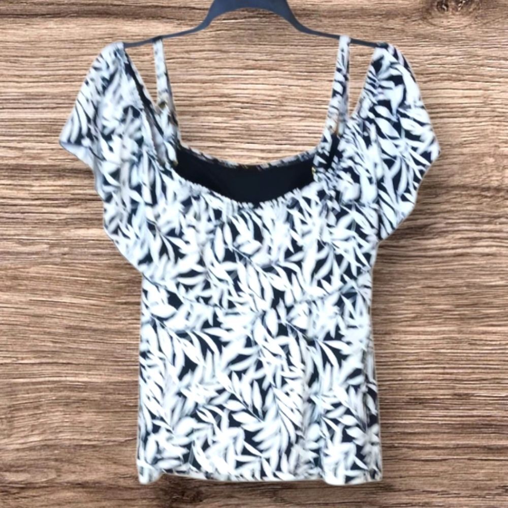 A Shore Fit Women's Swimwear Top Self Bra Cold Shoulder Black & White Print 20W - Picture 2 of 8